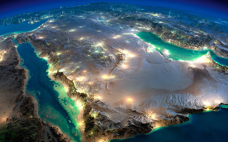 Arabian Peninsula, view from space, night, city lights, Red Sea, Gulf of Aden, Saudi Arabia, Yemen, Oman, HD wallpaper