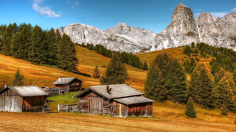 South Tyrol, Dolomites, Italy, alps, rocks, cabins, landscape, trees, autumn, HD wallpaper