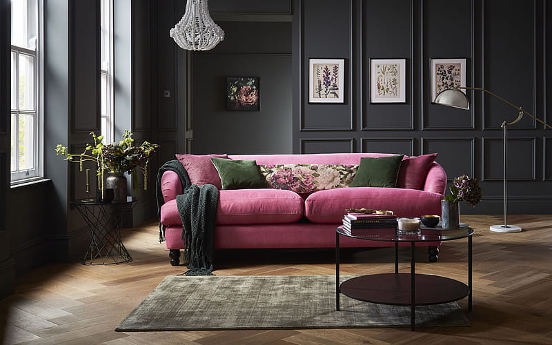 stylish interior design, living room, classic interior style, pink sofa, white chandelier, HD wallpaper