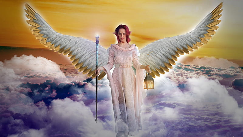 Heavenly Angel, wings, lantern, redhead, angel, heaven, bonito, clouds, light, HD wallpaper