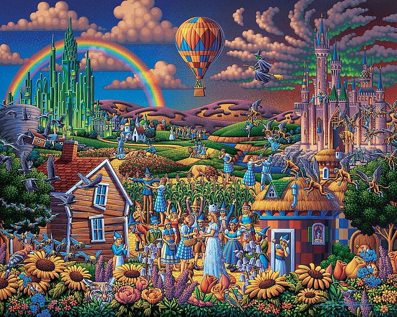 Wizard of Oz, art, balloon, hot air balloon, painting, rainbow, eric dowdle, pictura, HD wallpaper