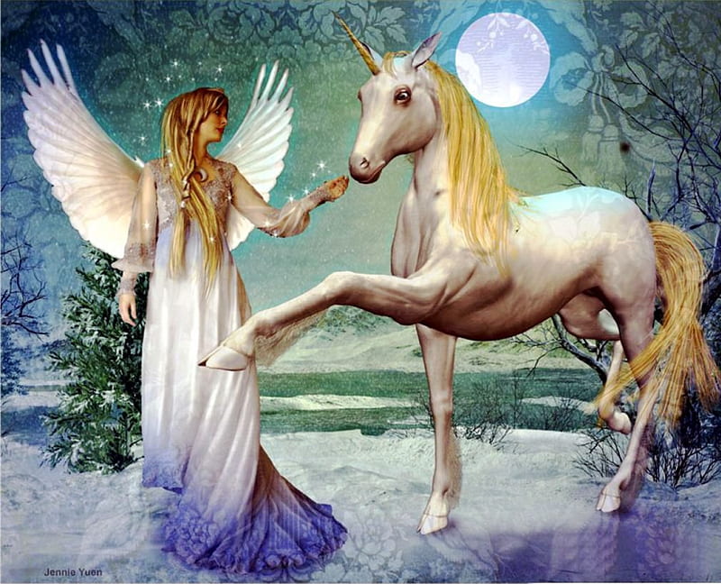 Moonlight Fantasy, unicorn, angel, horse, artwork, firs, winter, HD wallpaper