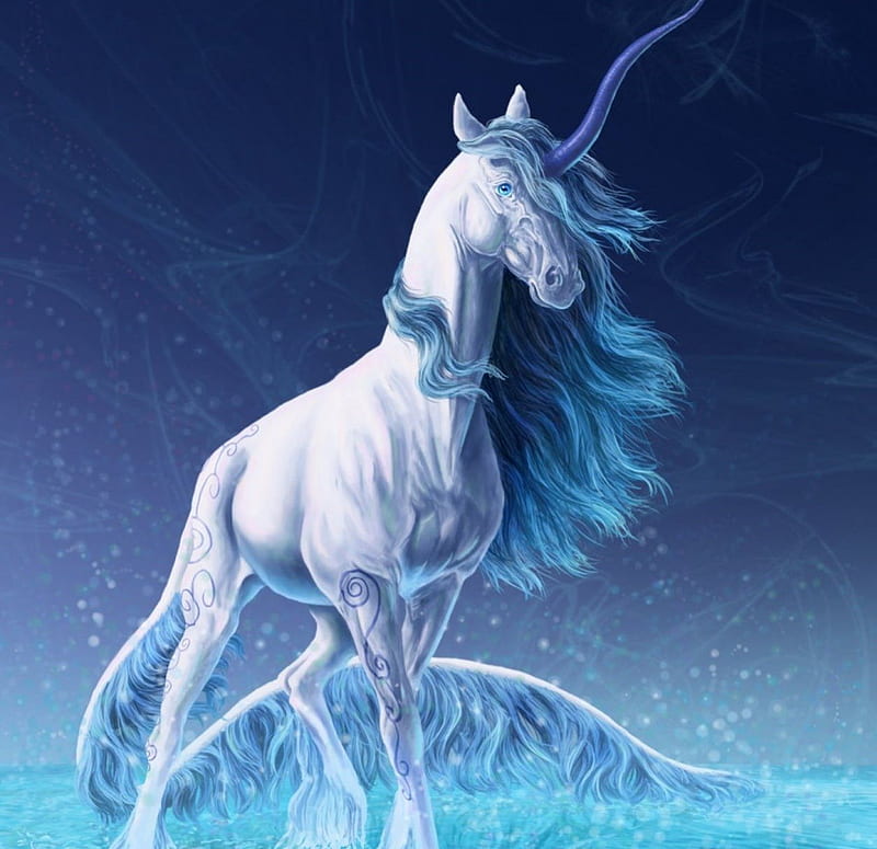 Blue Unicorn, stars, fantasy, mane, unicorn, tattoo, tail, blue, HD wallpaper