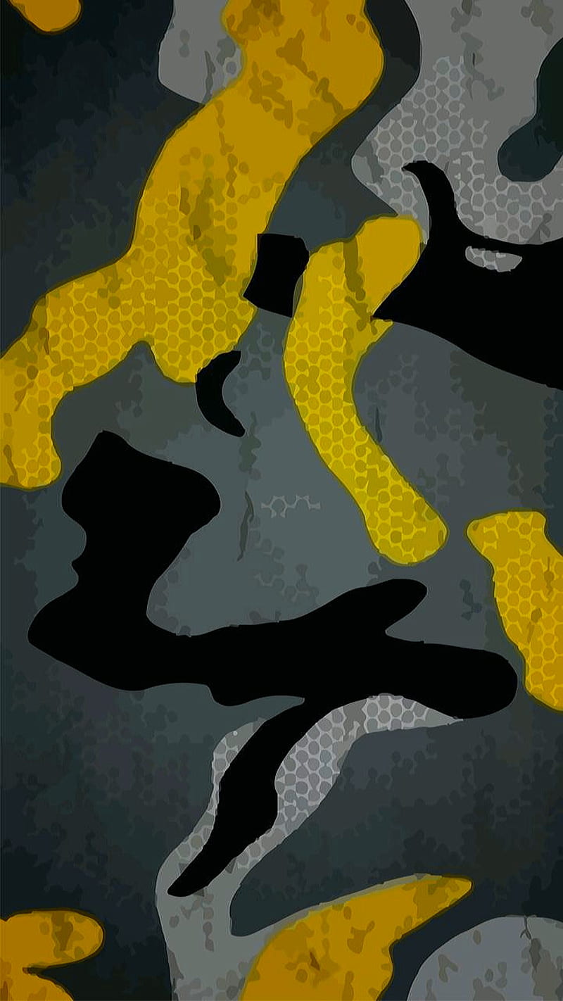 Camo, abstract, black, desenho, gris, military, mixed, shapes, yellow, HD phone wallpaper