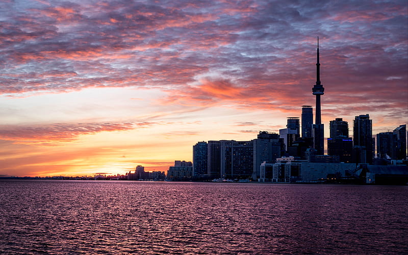 Toronto, CN Tower, observation tower, Toronto skyscrapers, modern buildings, evening, sunset, cityscape, Toronto skyline, Canada, HD wallpaper