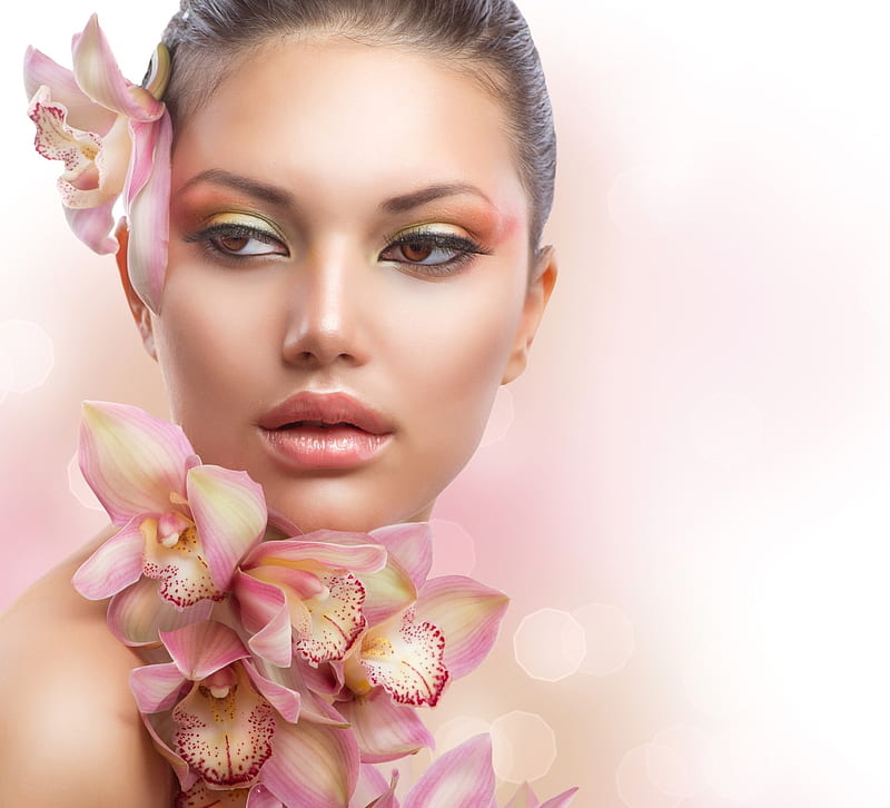 Beauty, girl, model, orchid, flower, face, woman, pink, anna subbotina ...
