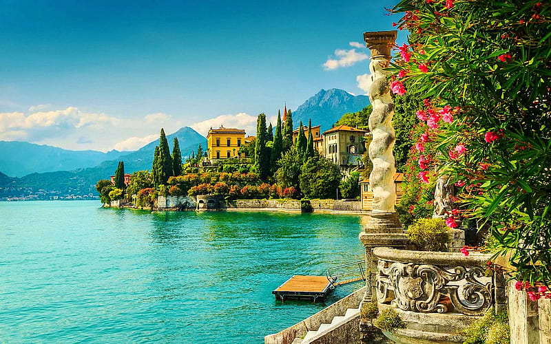 Lake Como, houses, mountains, italy, bellagio, blossoms, trees, HD wallpaper