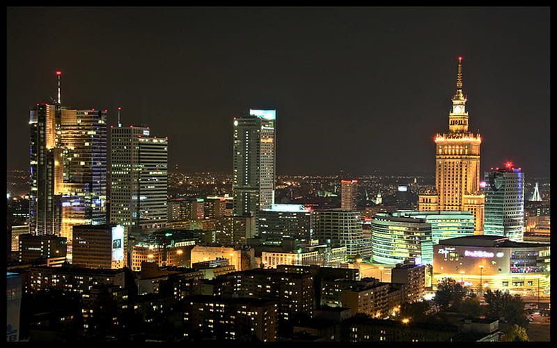 Warsaw - night, culture, warsaw, poland, warsaw night, palace, palace culture, night, HD wallpaper