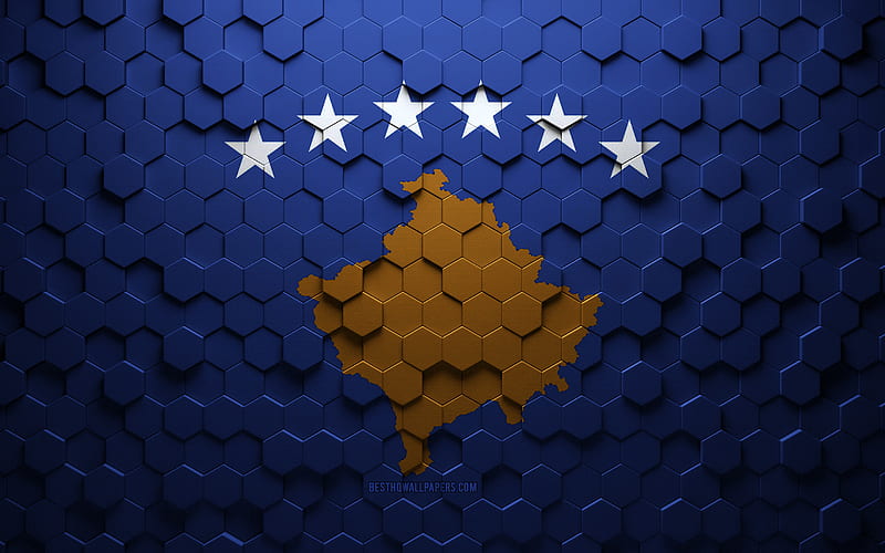 Flag of Kosovo, honeycomb art, Kosovo hexagons flag, Kosovo, 3d hexagons art, Kosovo flag, HD wallpaper
