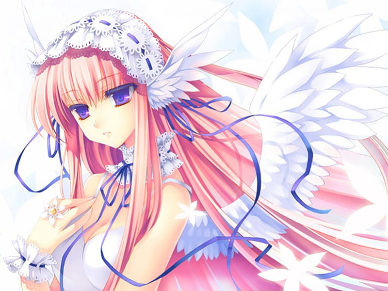 Angel Wings, hairband, riv, hot, anime girl, head wings, purple eyes, long hair, wrist cuffs, female, wings, angel, ribbon, smile, sexy, breasts, cool, pink hair, ring, HD wallpaper