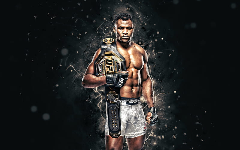 Francis Ngannou, white neon lights, Cameroonian fighters, MMA, UFC, Mixed martial arts, Francis Ngannou , UFC fighters, MMA fighters, Francis Ngannou with belt, HD wallpaper