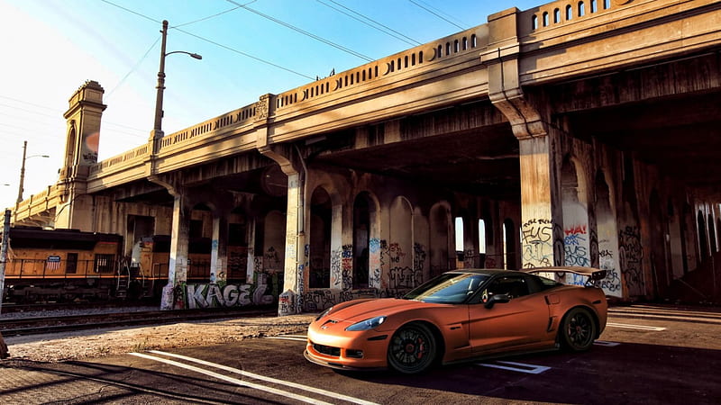 chevrolet corvette z06, graffiti, train, overpass, car, HD wallpaper