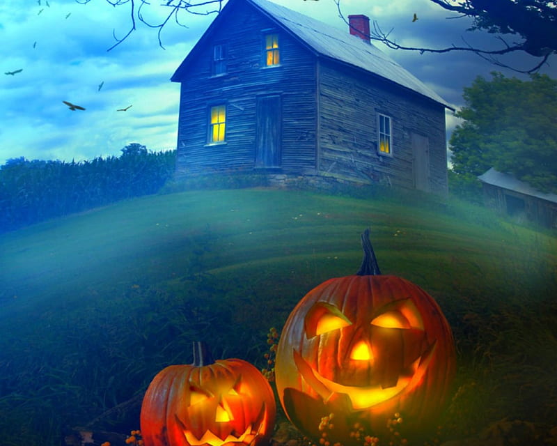 Halloween pumpkin, house, halloween, pumpkin, landscape, HD wallpaper