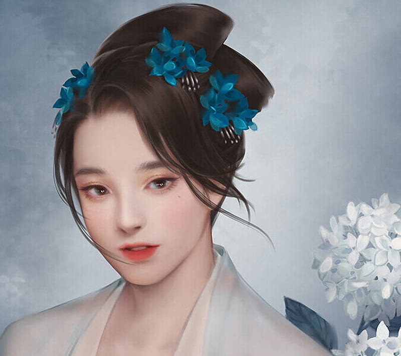 Beauty, fantasy, mmiao, frumusete, girl, luminos, flower, face, blue ...