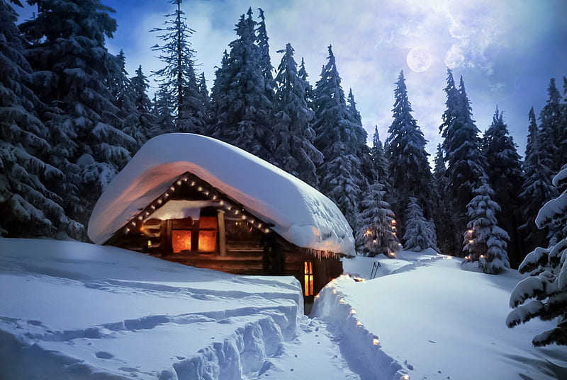 Now is the time when each light is lit only for you, house, winter snow, nature, bonito, lights, HD wallpaper