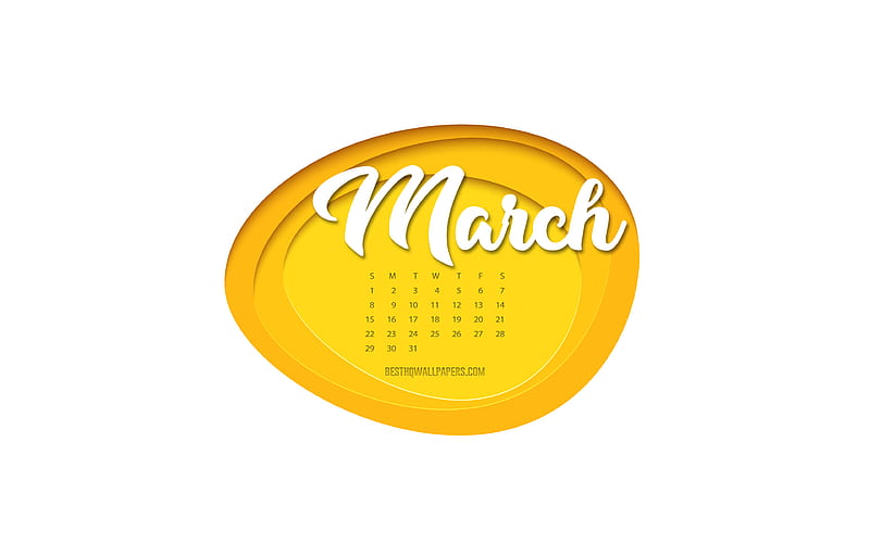 2020 March Calendar, yellow paper art, 3d art, 2020 spring calendars, March 2020 Calendar, 2020 concepts, March, HD wallpaper