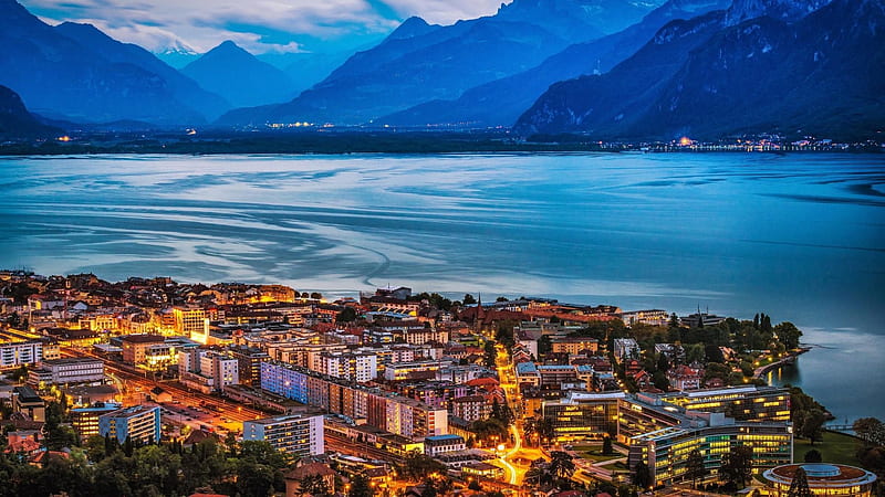 Vevey (Switzerland), geneva, town, sky, lake, sea, vevey, mountains, swiss, nature, HD wallpaper