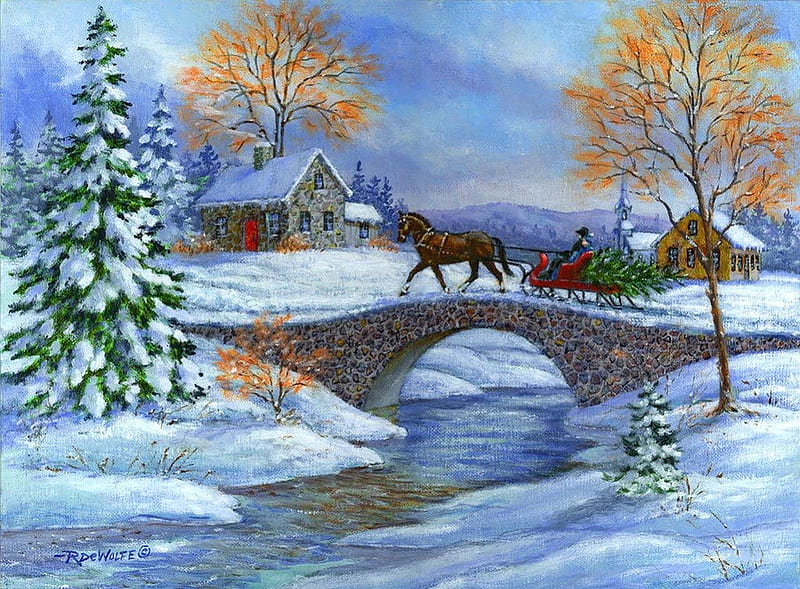 This year tree, stream, house, shore, cottage, bonito, snowy, year, cold, nice, bridge, village, river, frost, quiet, calmness, lovely, holiday, christmas, new year, creek, country, trees, horses, winter, tree, serenity, snow, ride, peaceful, frozen, HD wallpaper