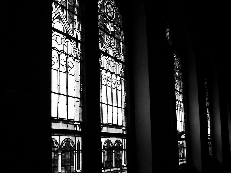 Stained Row BW, glass, window, black and white, church, stain, HD wallpaper