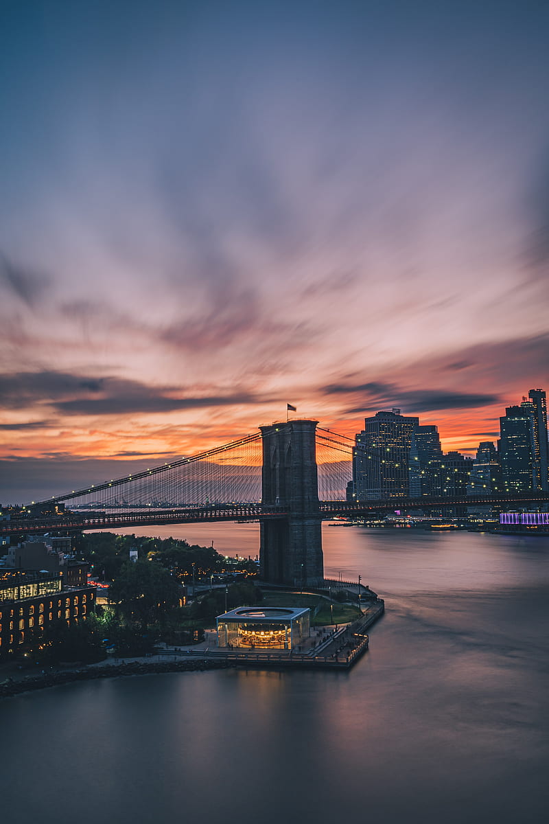 bridge, city, architecture, water, sunset, HD phone wallpaper