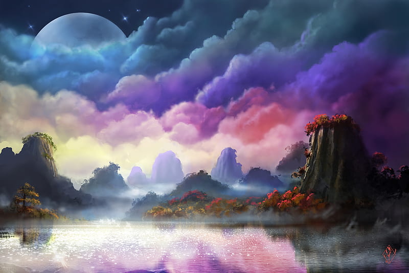 Moon Fantasy Sky Landscape, moon, colorful, landscape, sky, artist, artwork, digital-art, HD wallpaper