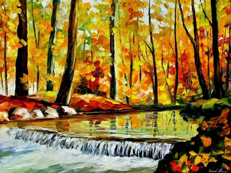 forest_water, forest, fall, art, autumn, ecosystems, abstract, water, green-orange, painting, nature, leonid afremov, other, HD wallpaper