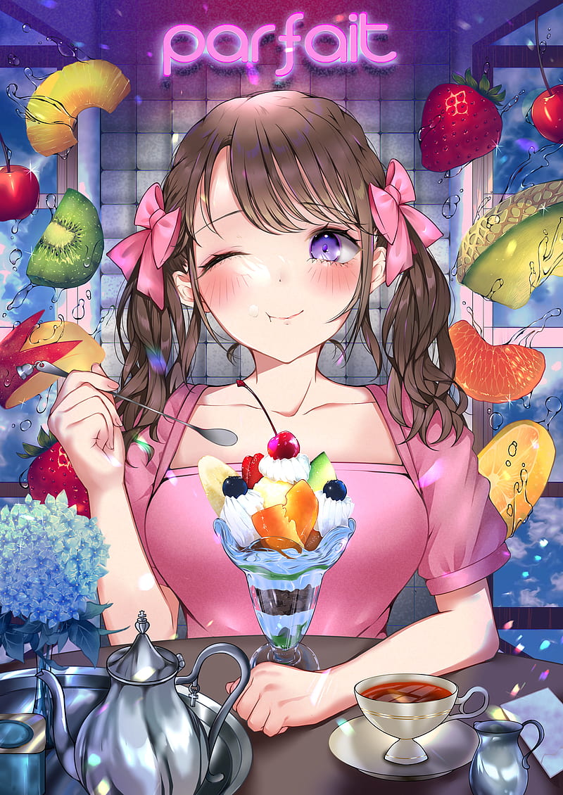 girl, smile, fruit, dessert, anime, HD phone wallpaper girl, smile, fruit, dessert, anime, HD phone wallpaper