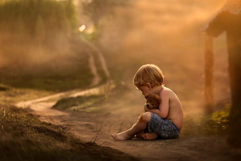 toy, sunset, adorable, boy, splendor, path, nature, child, road, teddy bear, HD wallpaper