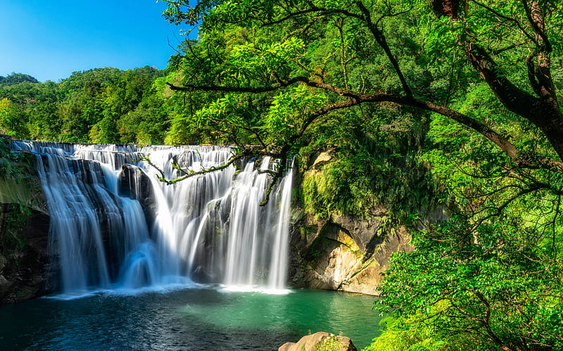 waterfall, forest, summer, lake, beautiful waterfall, green trees, Taiwan, HD wallpaper