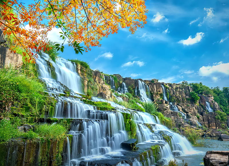 Waterfall in Vietnam, Vietnam, waterfall, mystical, rocks, foreground, fall, exotic, autumn, view, leaves, cascades, HD wallpaper