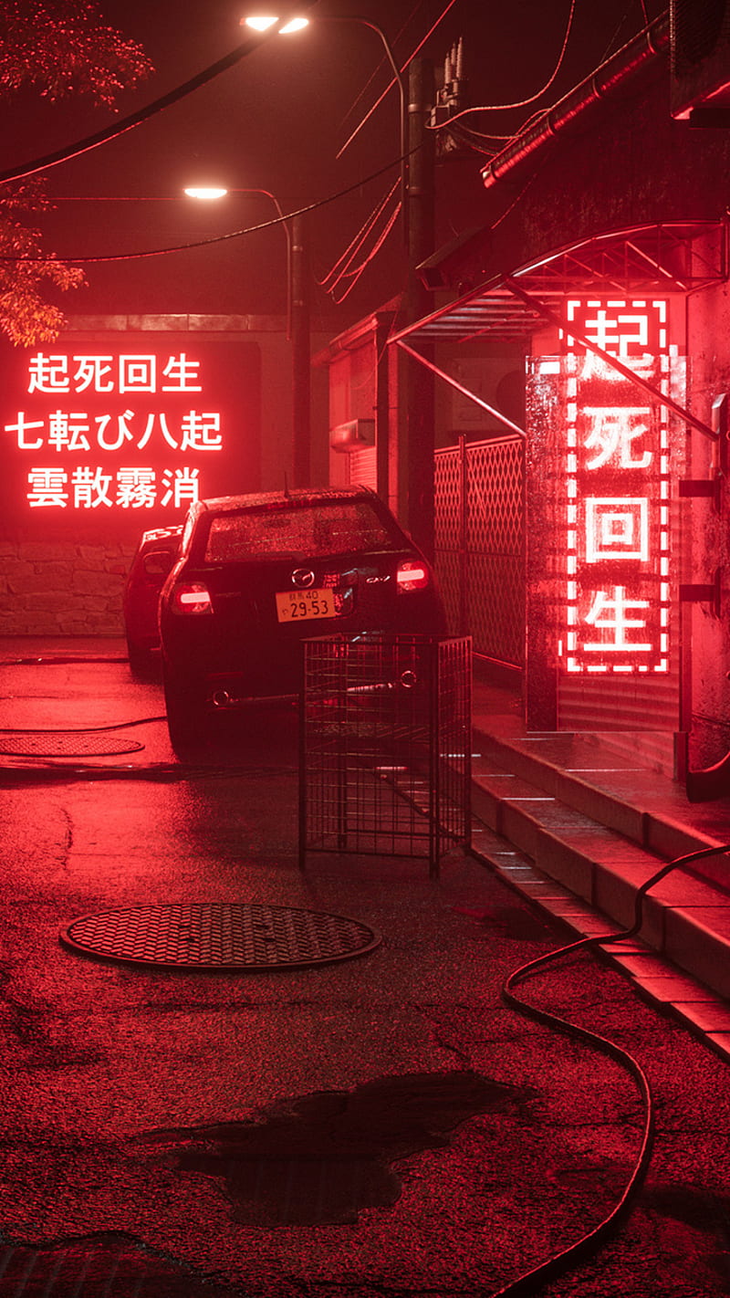 Redlit Street, carros, cyberpunk, downtown, japan, light, neon, night, oskar woinski, red, HD phone wallpaper