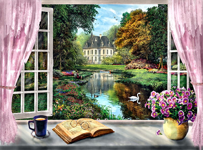 Teatime View F, architecture, art, window, houses, curtains, bonito, illustration, artwork, painting, wide screen, scenery, landscape, HD wallpaper