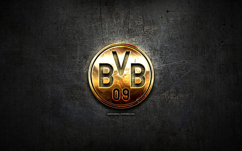 Borussia Dortmund FC, golden logo, Bundesliga, black abstract background, soccer, german football club, Borussia Dortmund logo, football, BVB, Germany, HD wallpaper