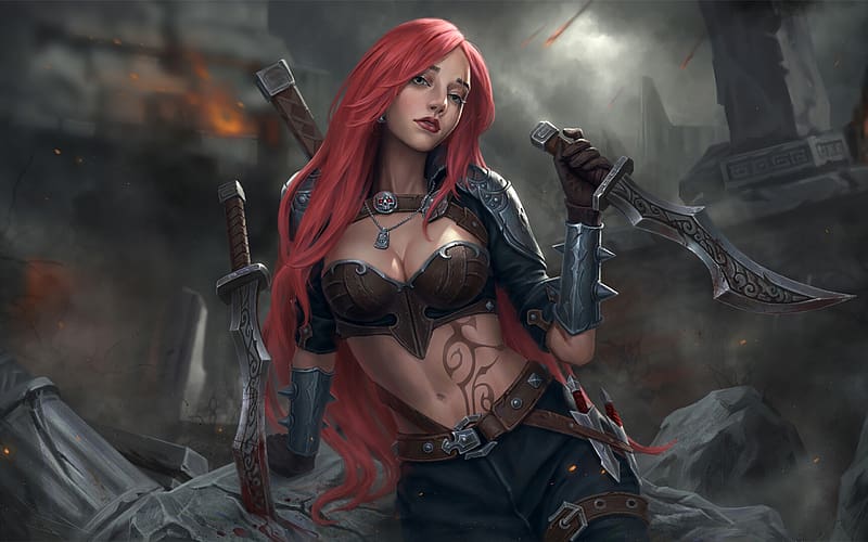 Katarina, fantasy, art, league of legends, game, lol, girl, redhead, HD wallpaper