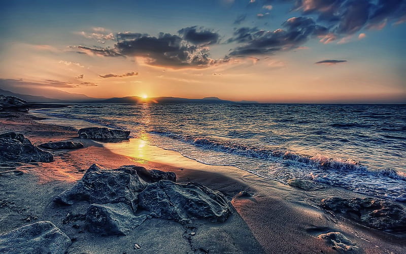 Sunset Beach, beach, ocean, sunrise, waves, blue, HD wallpaper | Peakpx