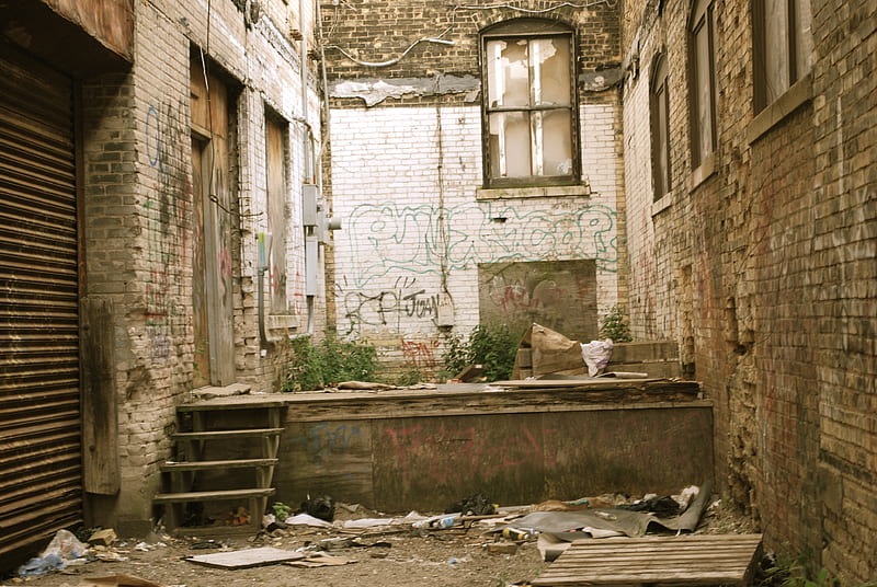 Slum, window, broken, graffitti, pallet, mess, steps, HD wallpaper
