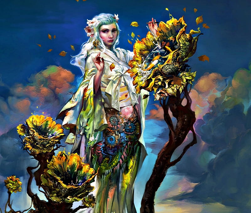 Needlework, chen wei, art, luminos, yellow, sunflower, woman, fantasy, girl, summer, HD wallpaper