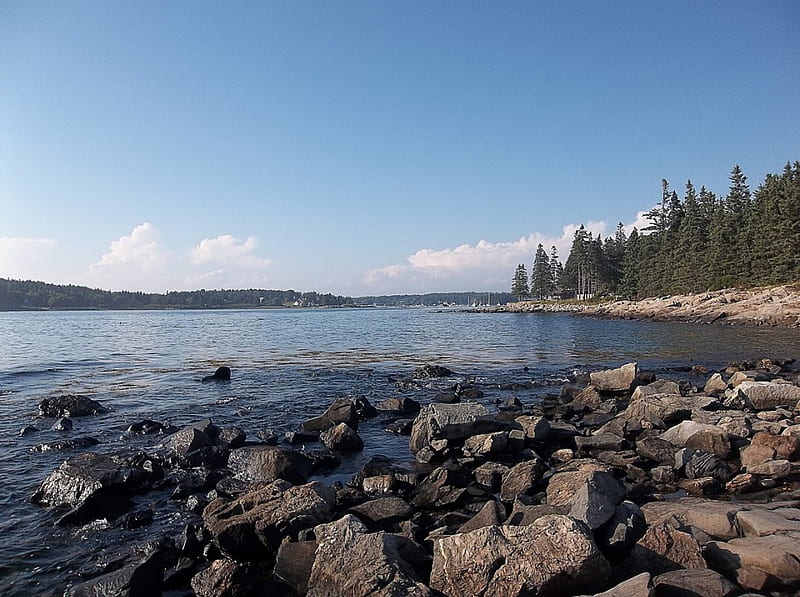 Port Clyde, Maine, rocks, Maine, ocean, port clyde, trees, clouds, sky, HD wallpaper