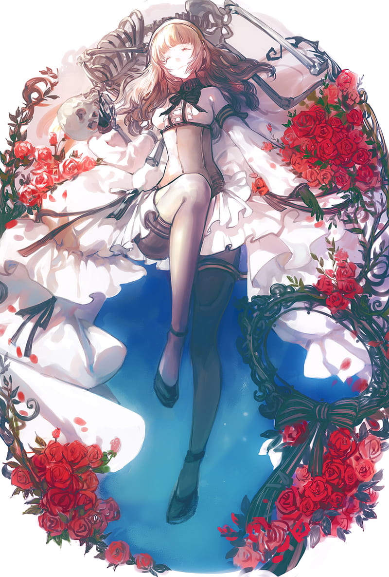anime, anime girls, closed eyes, long hair, rose, flowers, legs, HD phone wallpaper