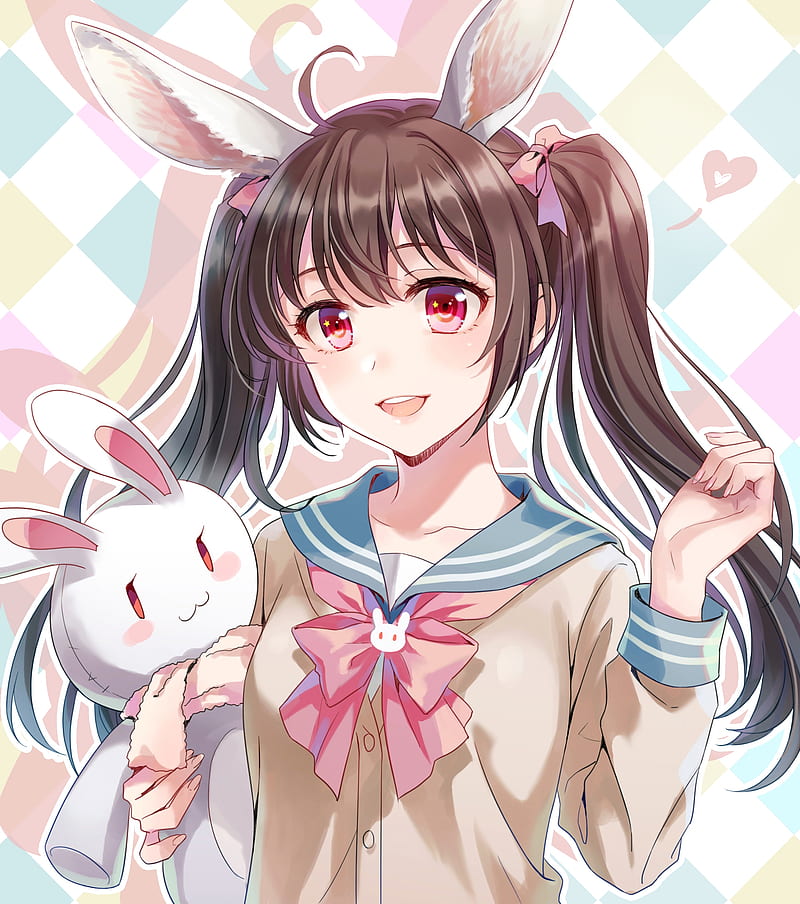 anime school girl, bunny ears, twintails, school uniform, rabbit, Anime, HD phone wallpaper