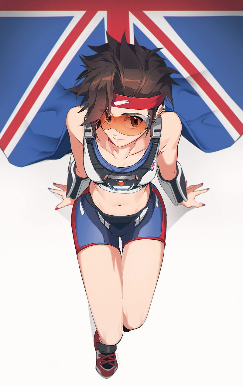 digital art, Tracer (Overwatch), Overwatch, Overwatch 2, flag, british flag, short hair, brunette, headband, goggles, bare midriff, ear piercing, armlet, looking at viewer, cape, Maro, looking up, HD phone wallpaper