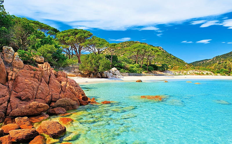 Palombaggia Beach, Corsica, hills, rocks, France, bonito, trees, clouds, beach, Mediterranean Sea, sand, island, HD wallpaper