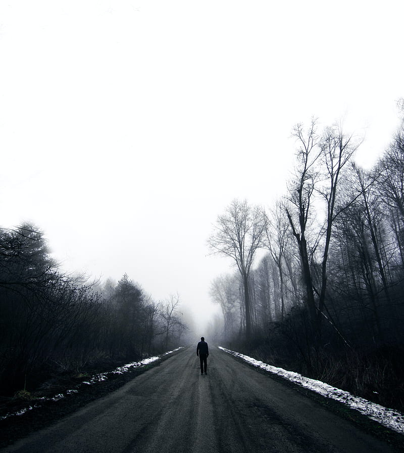 silhouette, alone, sad, road, black and white, HD phone wallpaper
