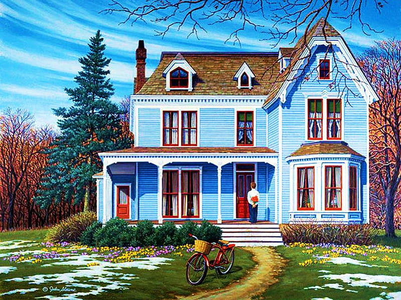 Countryside House, painting, bicycle, path, spring, trees, HD wallpaper