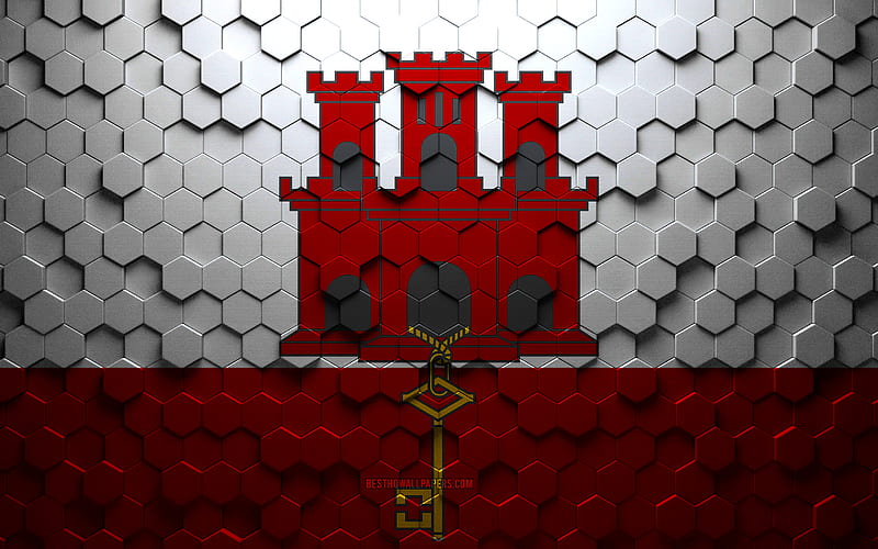 Flag of Gibraltar, honeycomb art, Gibraltar hexagons flag, Gibraltar, 3d hexagons art, Gibraltar flag, HD wallpaper