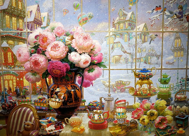Christmas Eve, luminos, craciun, sweets, christmas, peony, hot air balloon, bouquet, painting, cup, flower, pictura, pink, victor nizovtsev, HD wallpaper