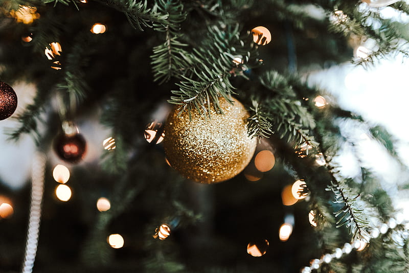 Christmas tree, ball, decoration, golden, new year, christmas, HD ...