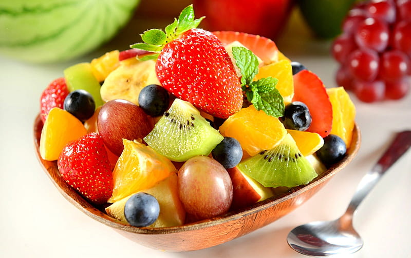 Fruit Salad, sweet tooth, sweets, apples, fruits, bananas, kiwis, blueberries, desserts, grapes, orange slices, HD wallpaper