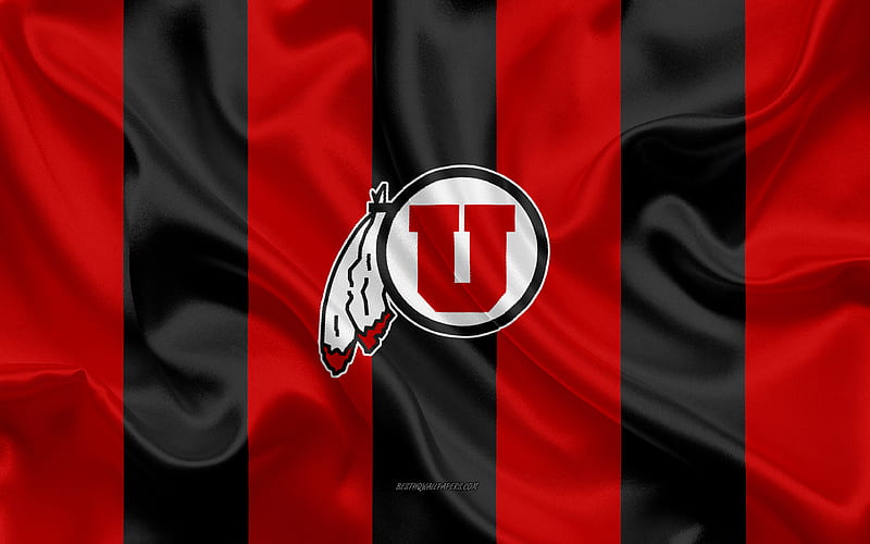 Utah Utes, American football team, emblem, silk flag, red-black silk texture, NCAA, Utah Utes logo, Salt Lake City, Utah, USA, American football, University of Utah, HD wallpaper