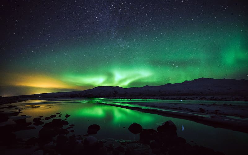 Amazing Aurora River Thunder Mountain Iceland, HD wallpaper
